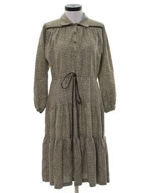 Vintage 70s Prairie Floral Cotton Midi Dress Brown Tie Waist Size Medium